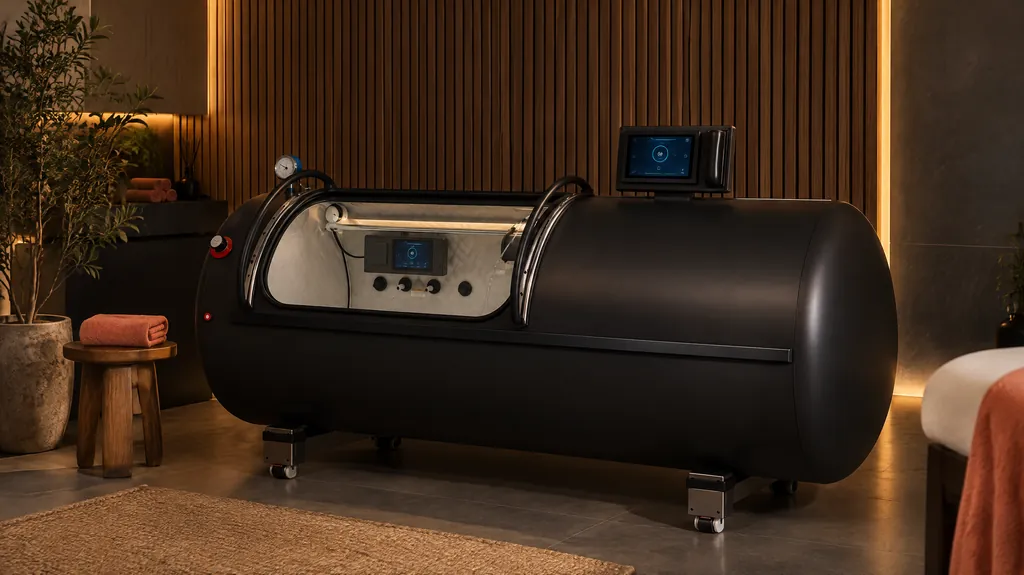 A matte black lying hard-shell hyperbaric chamber with a long window and touchscreen in a dark wood-panelled treatment room, a coral towel on a stool beside it