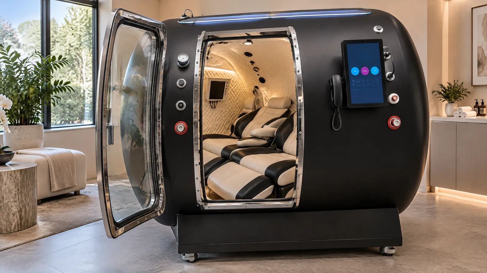 A black seated multi-person hard-shell chamber with its glass door open, showing padded reclining seats inside