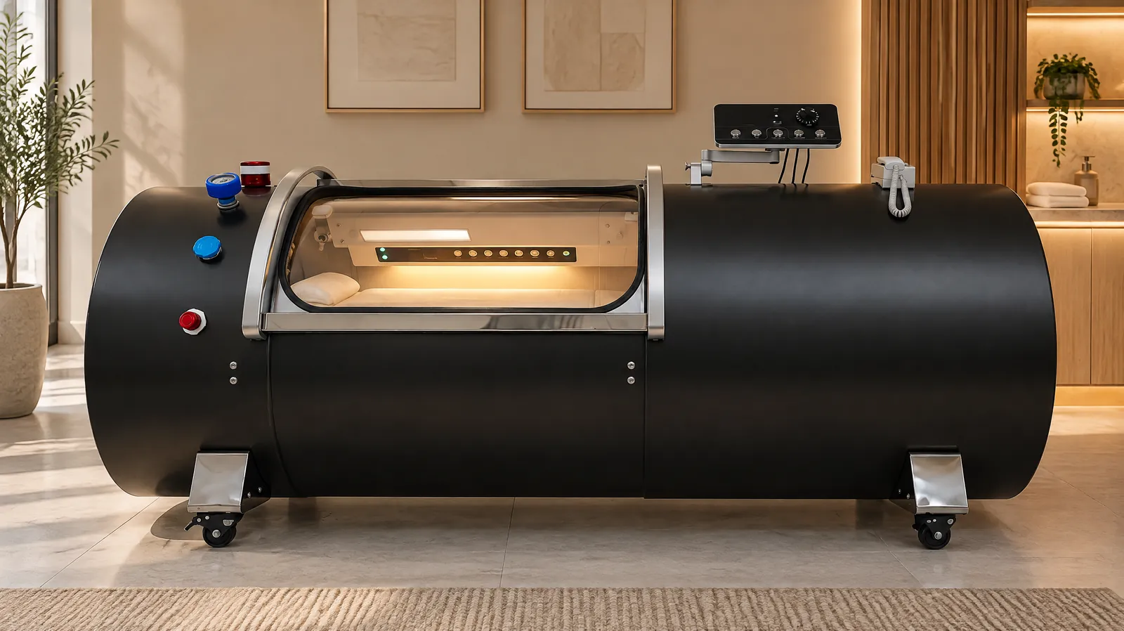 A single-person matte black hard-shell chamber with a long viewing window and a padded mattress inside, standing in a quiet treatment room