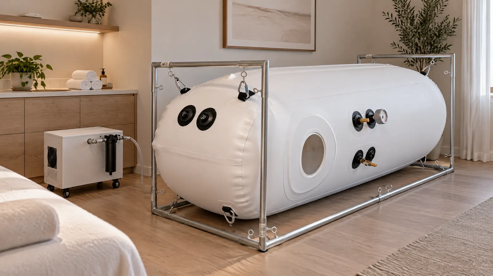A white inflatable soft-sided chamber held in a metal frame in a softly lit treatment room, a small compressor unit beside it