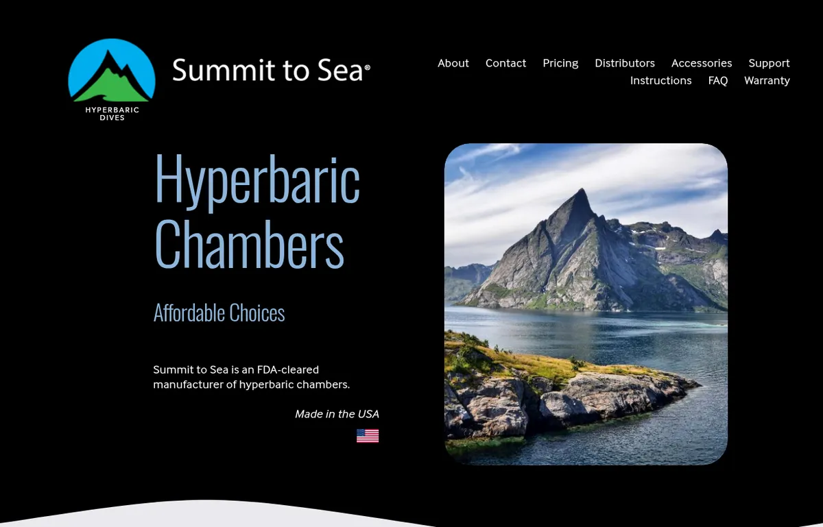Summit to Sea homepage with the headline Hyperbaric Chambers, Affordable Choices and a mountain-and-fjord photo